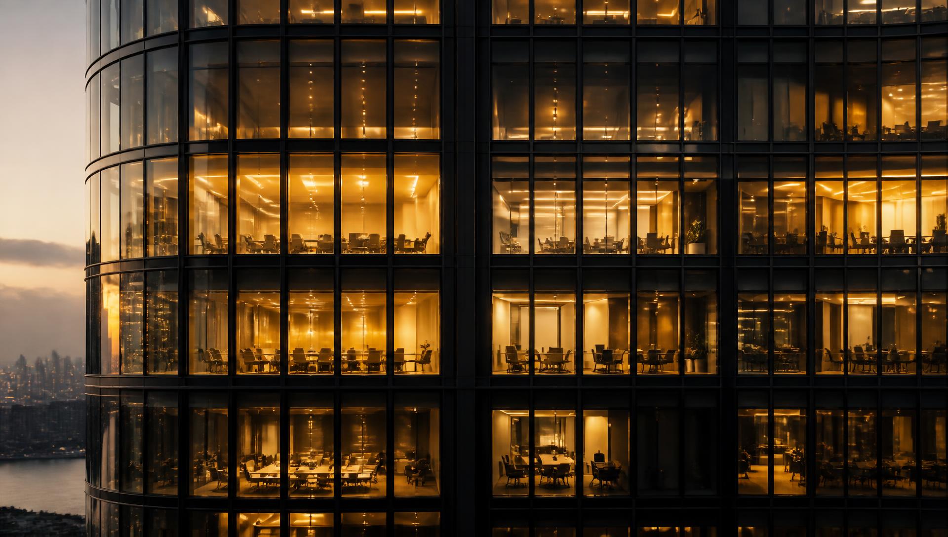 Illuminated commercial building facade at dusk